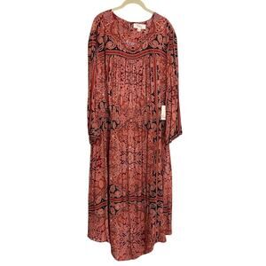 Nurture by Westbound Womens Maxi Dress 3X Rust Boho Paisley Print Long Sleeve
